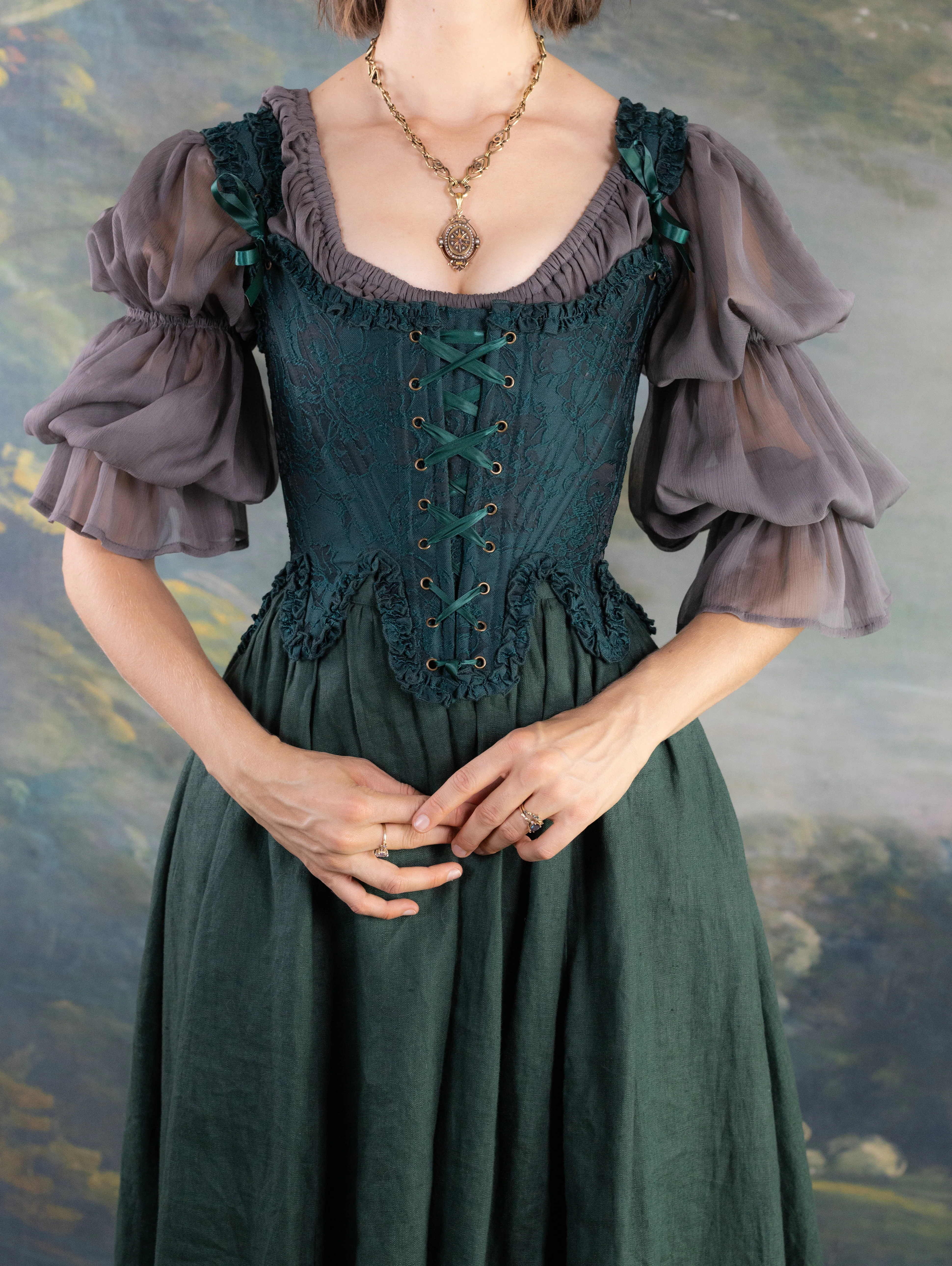 Dark Green Floral Jacquard 18th Century Stays - Image 6