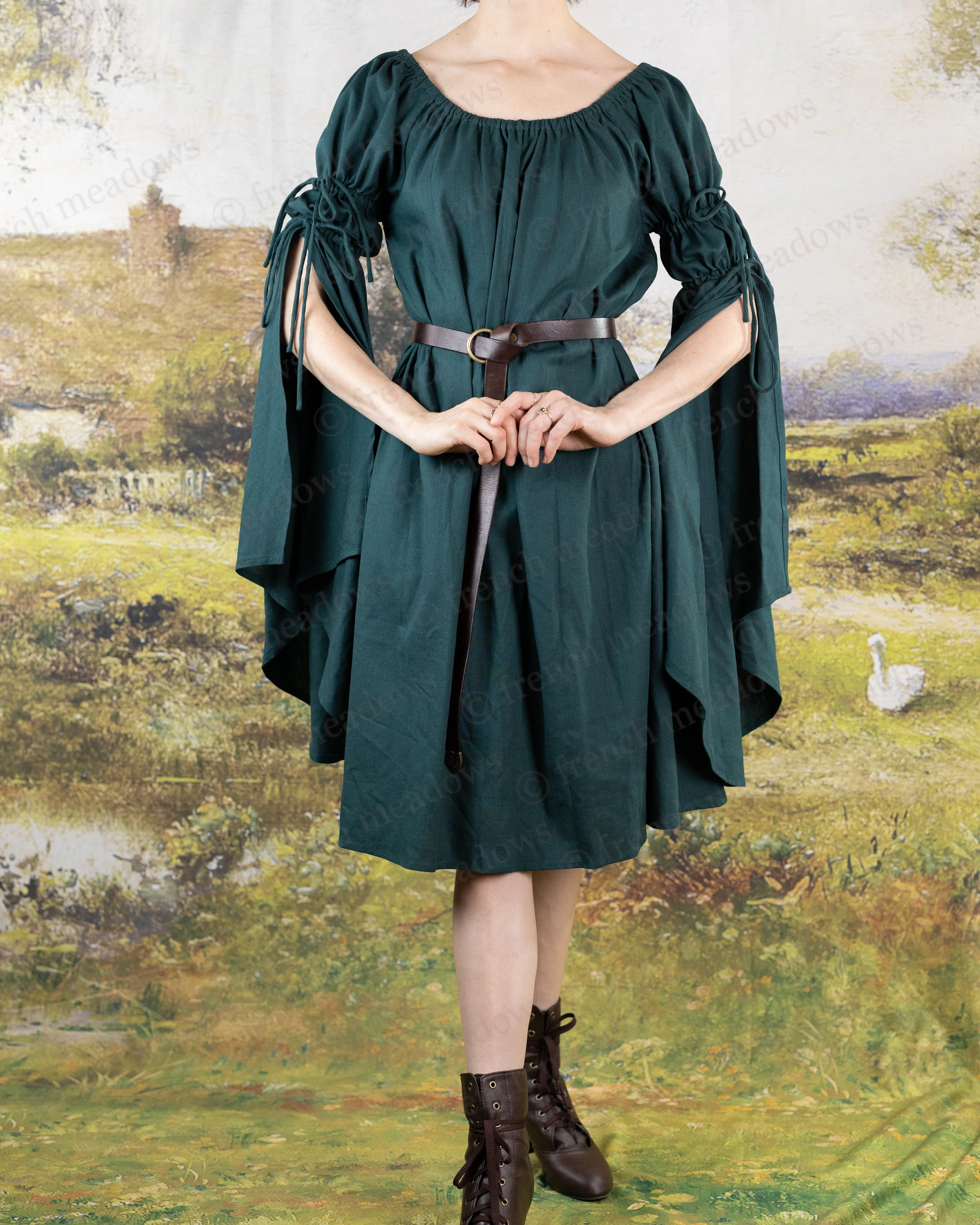 Dark Green Linen Bell Sleeve Chemise - Image 3