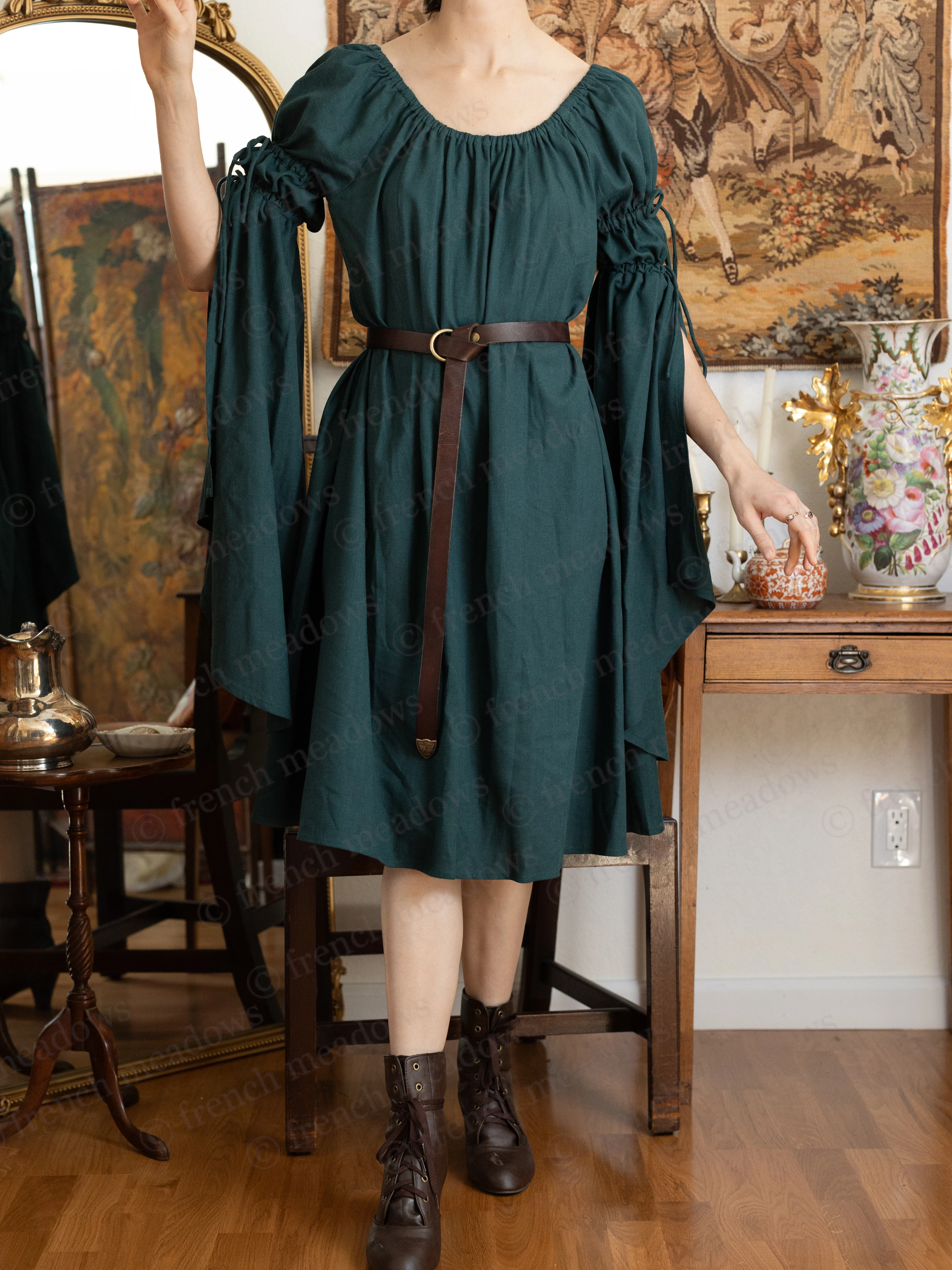 Dark Green Linen Bell Sleeve Chemise - Image 4