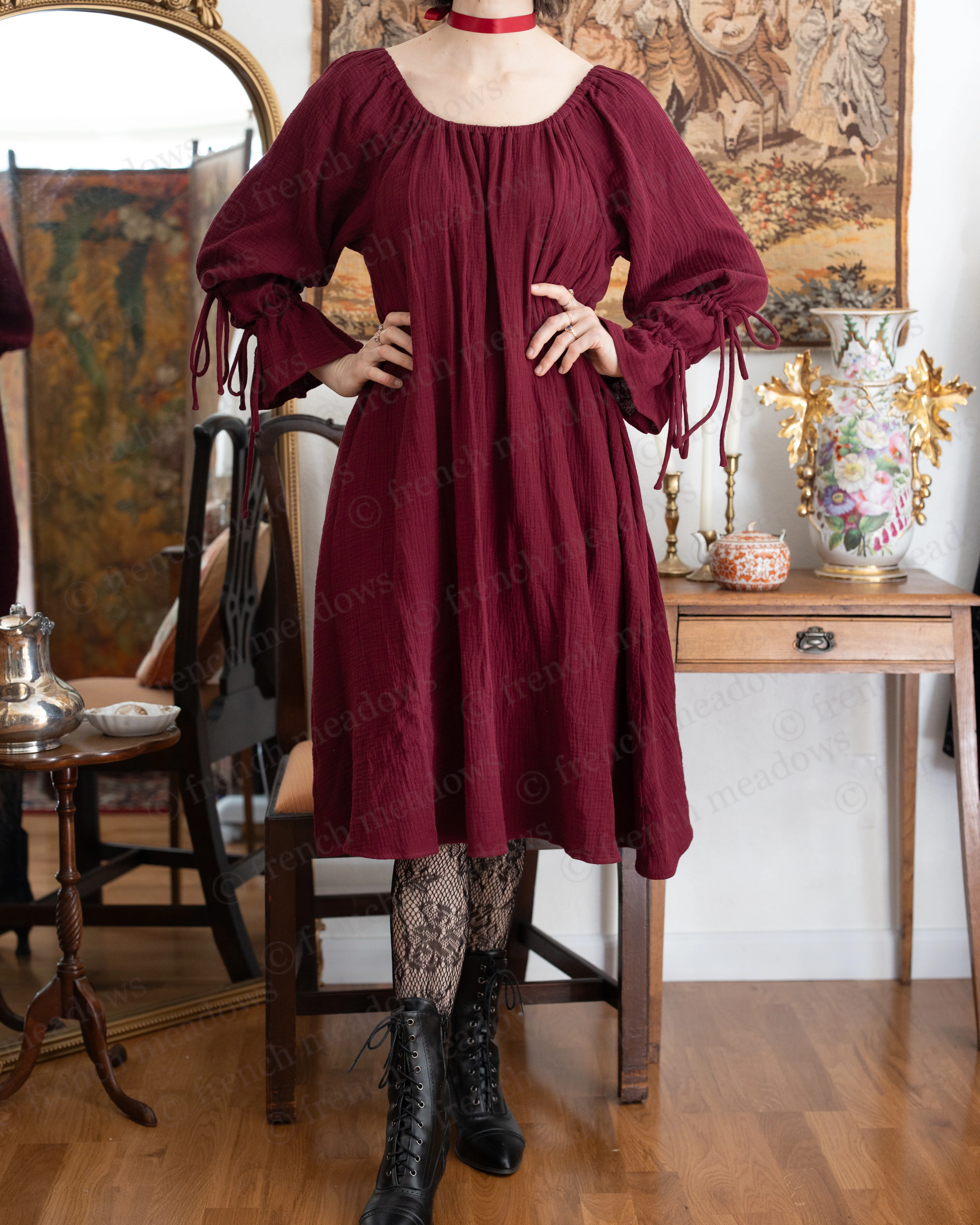 Dark Red Cotton Puff Sleeve Chemise - Image 5