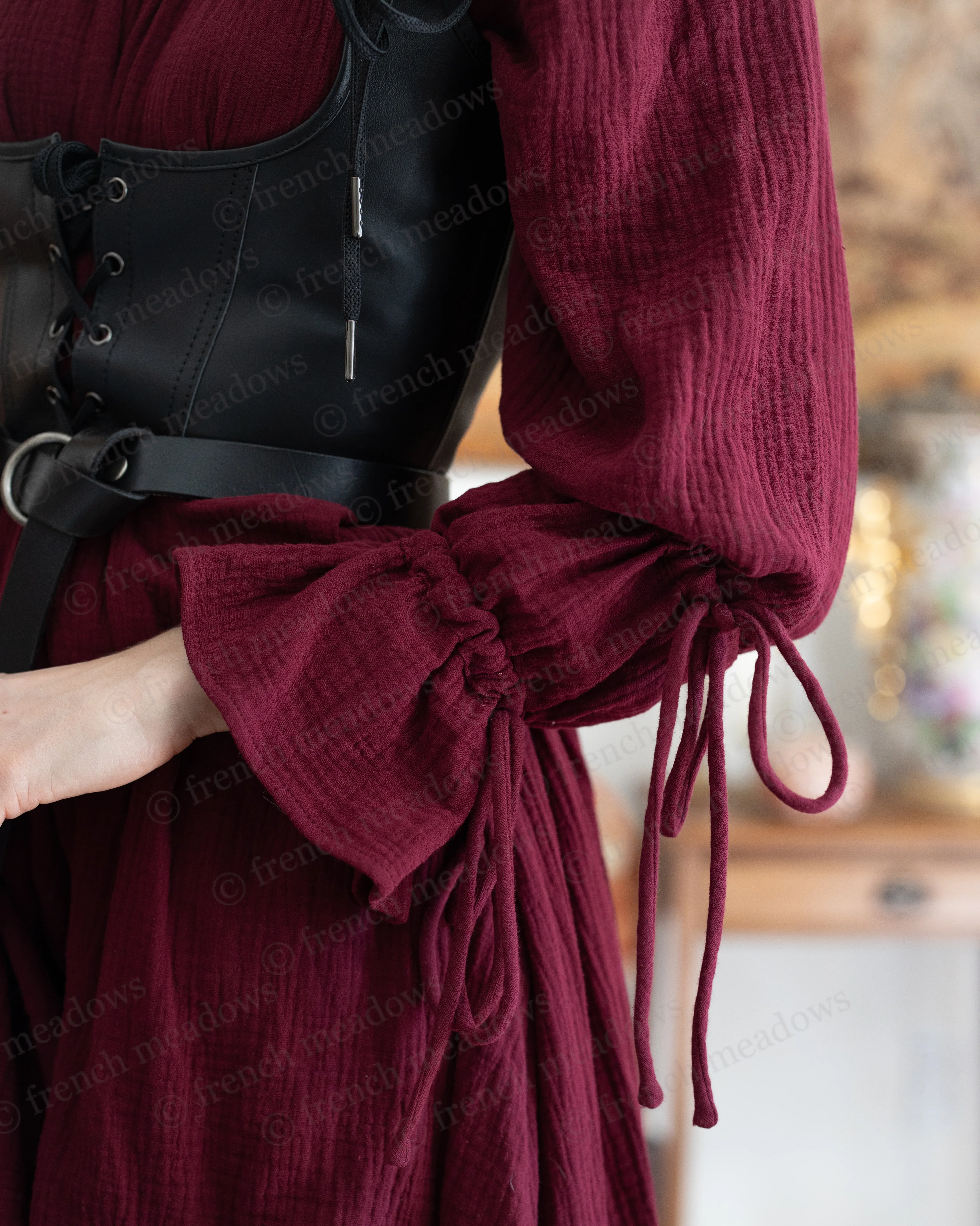 Dark Red Cotton Puff Sleeve Chemise - Image 7