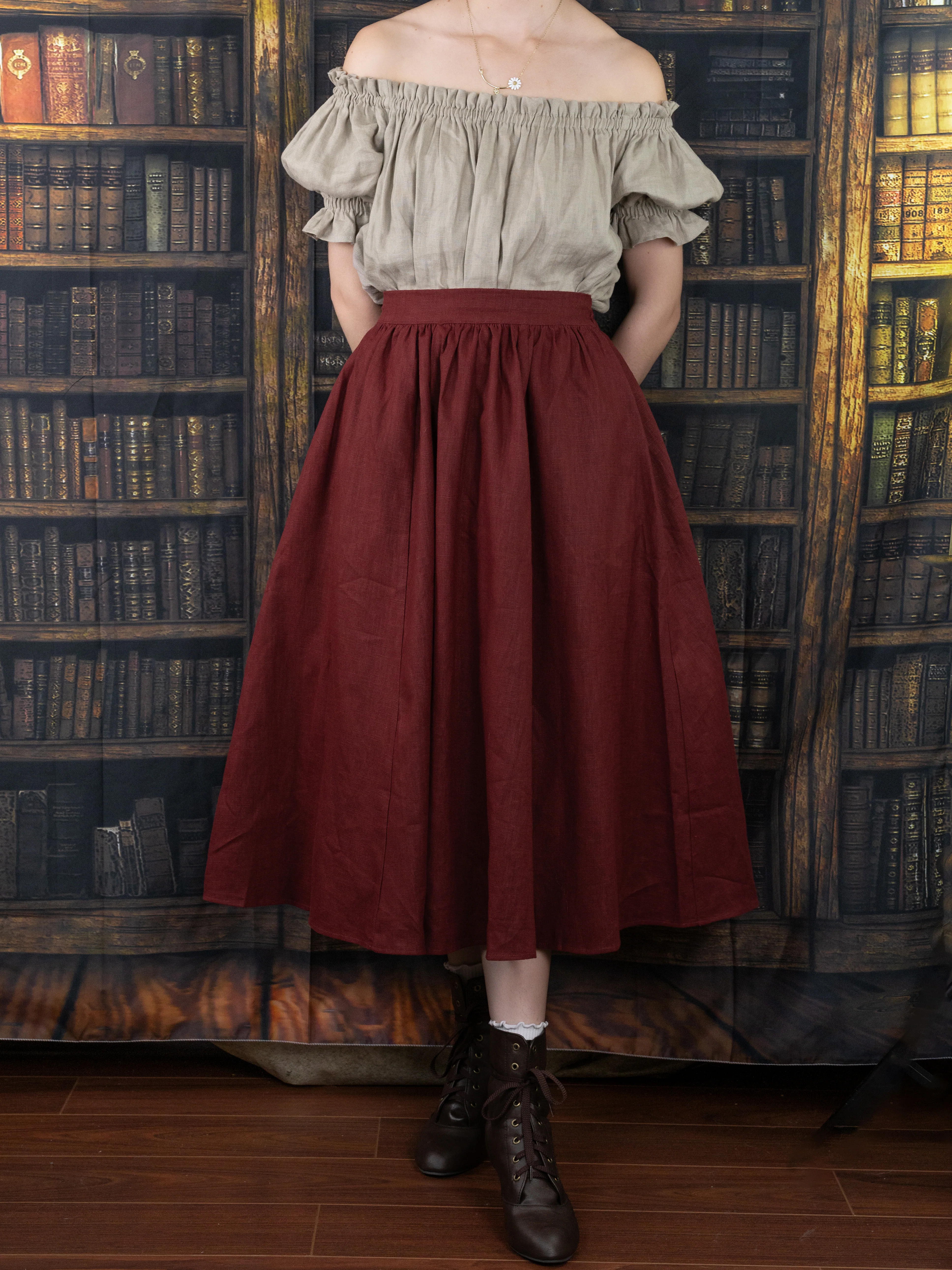 Burgundy Ramie Midi Skirt - Image 12