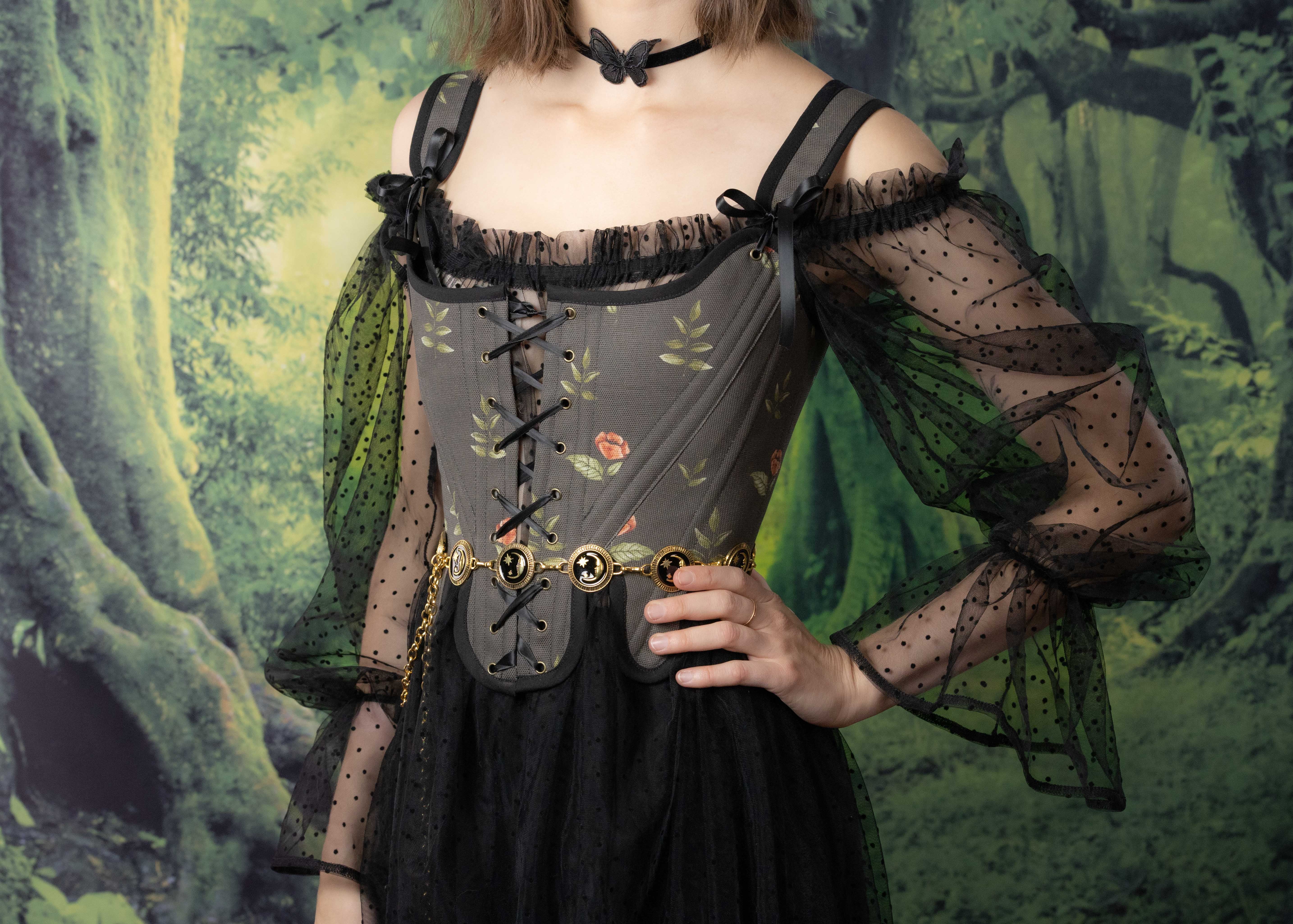 Handmade Black Rose Floral 18th Century Stays - Image 3