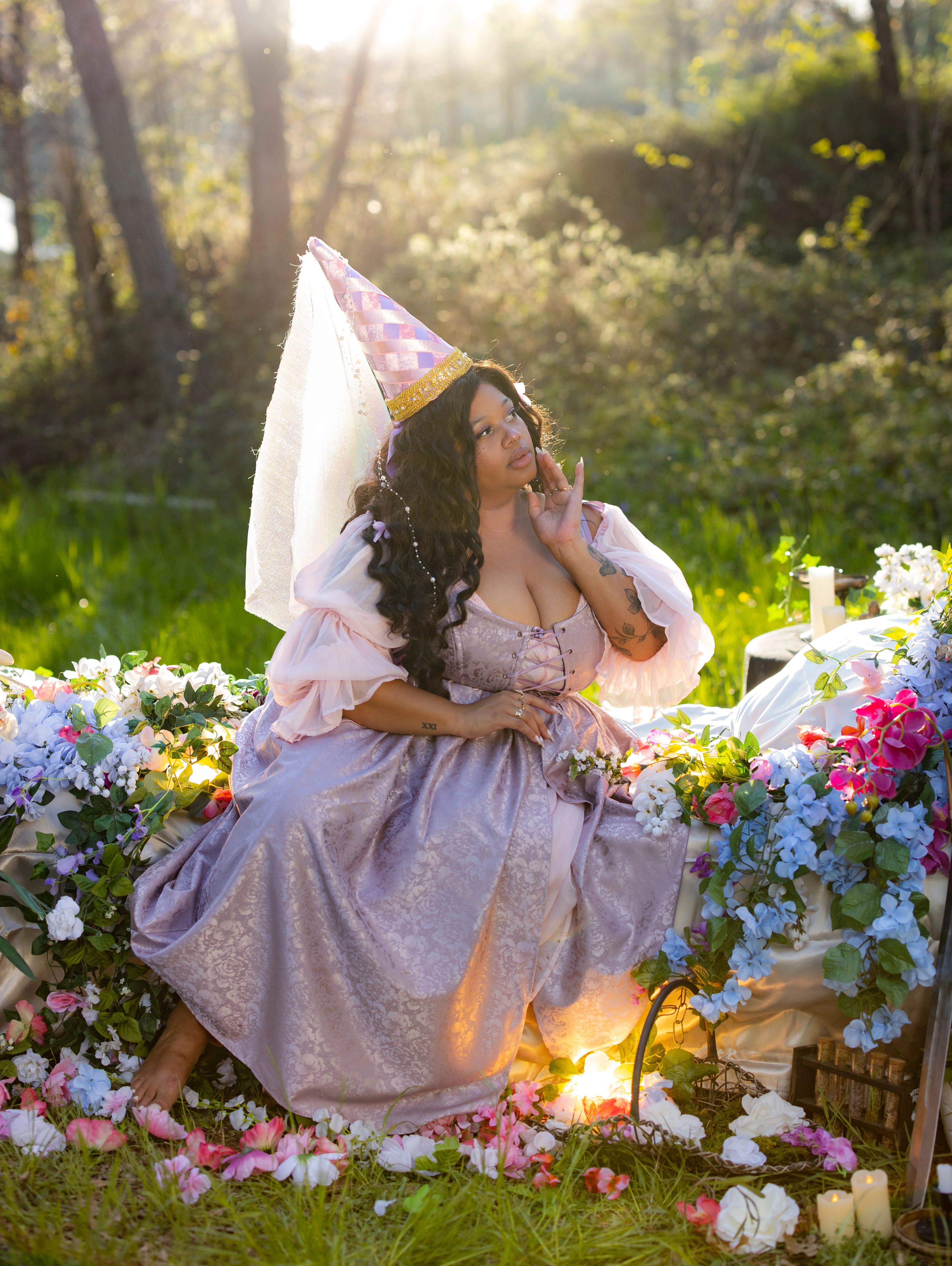 Lavender Floral Satin Corset Dress - Image 4