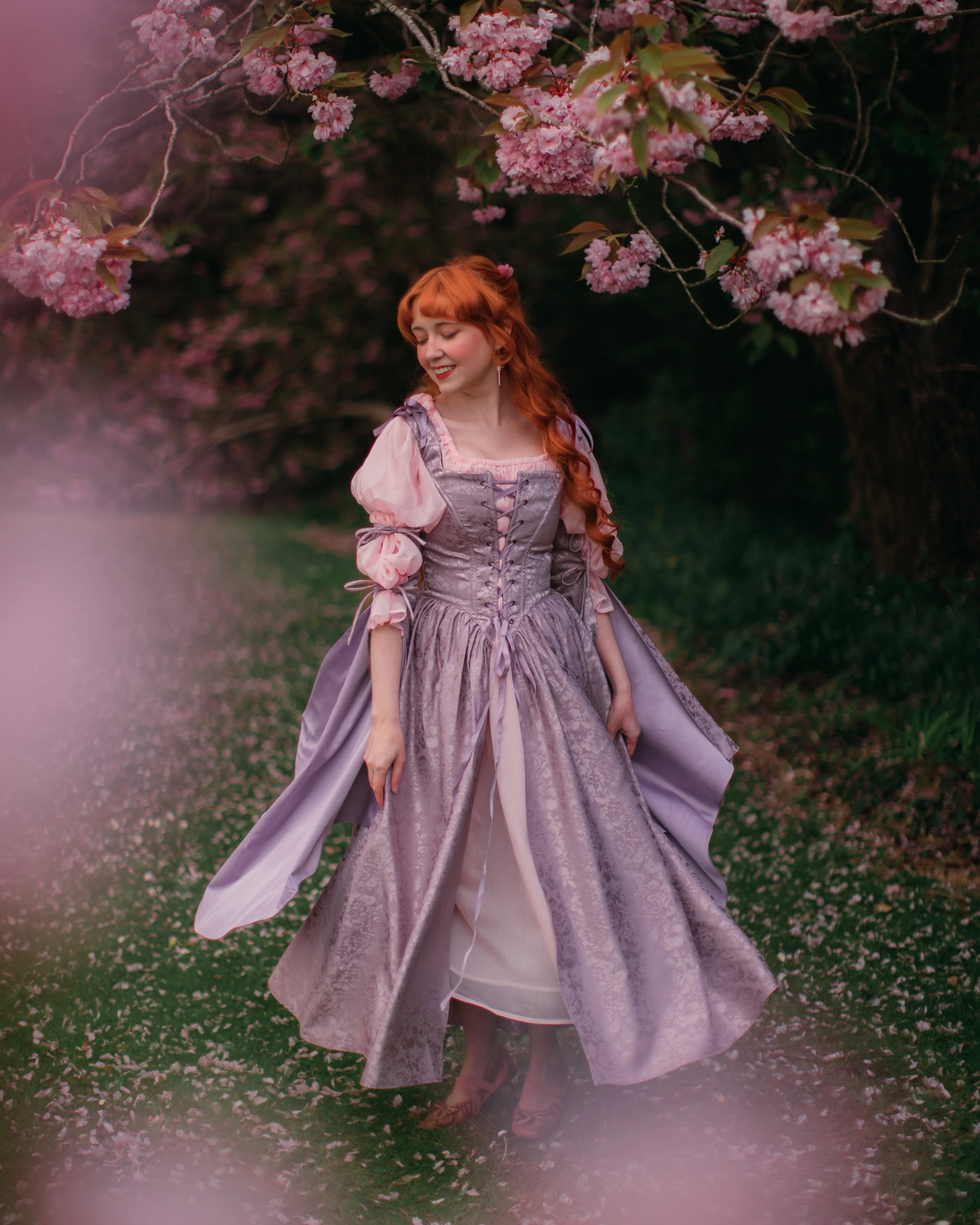 Lavender Floral Satin Corset Dress - Image 7