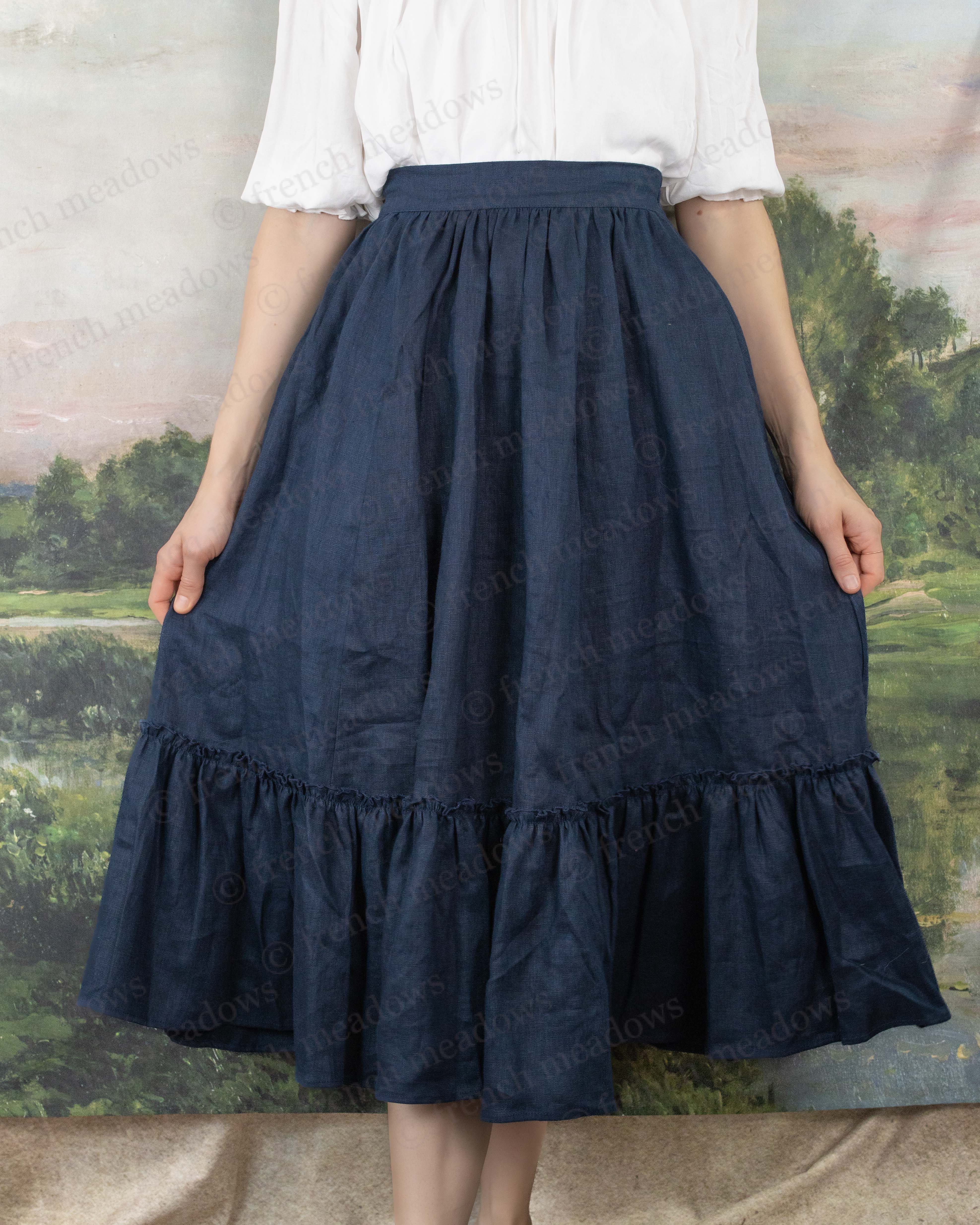 Navy Blue Linen Midi Skirt - Image 3