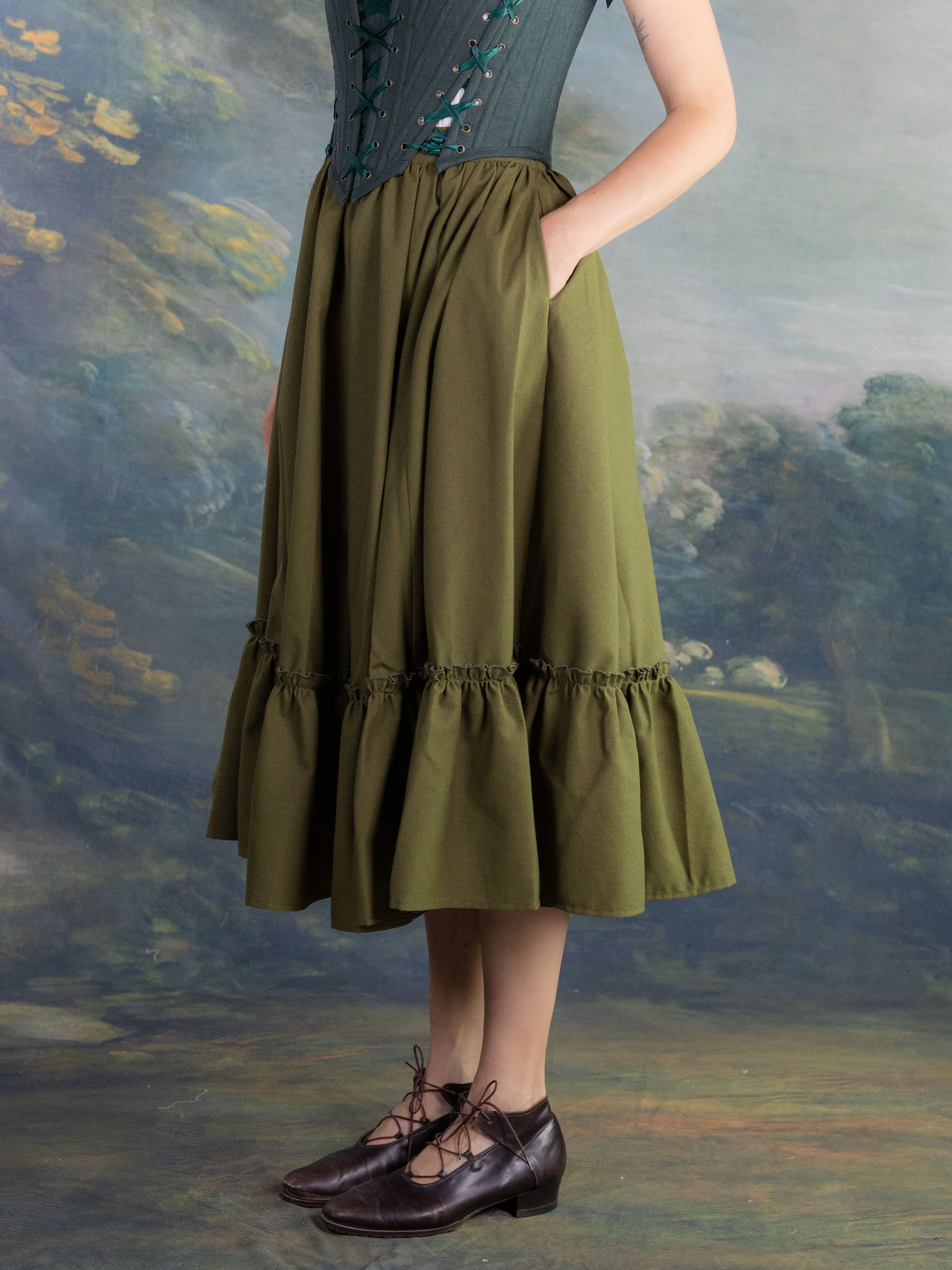 Olive Green Linen Midi Skirt - Image 10