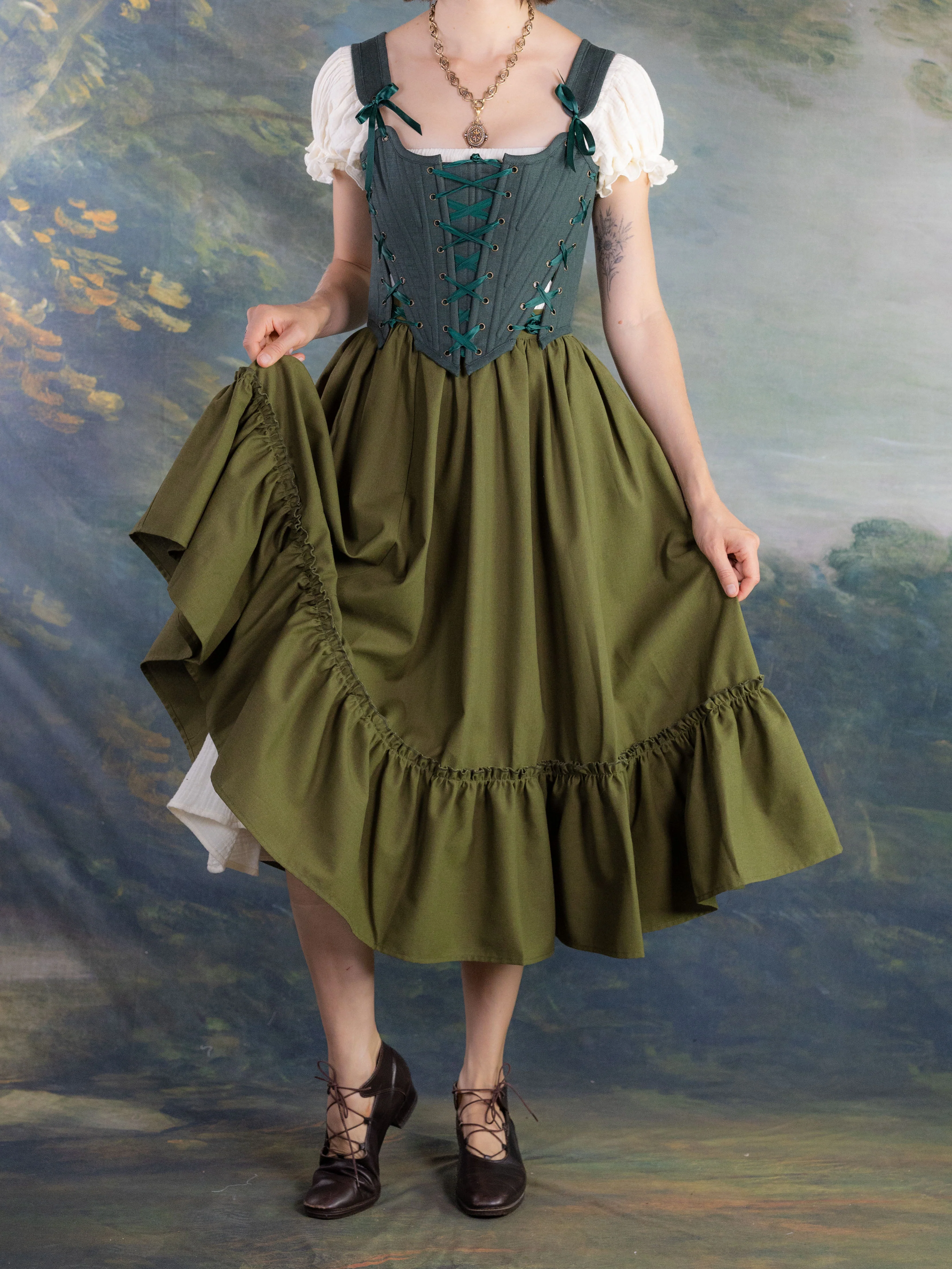 Olive Green Linen Midi Skirt - Image 12