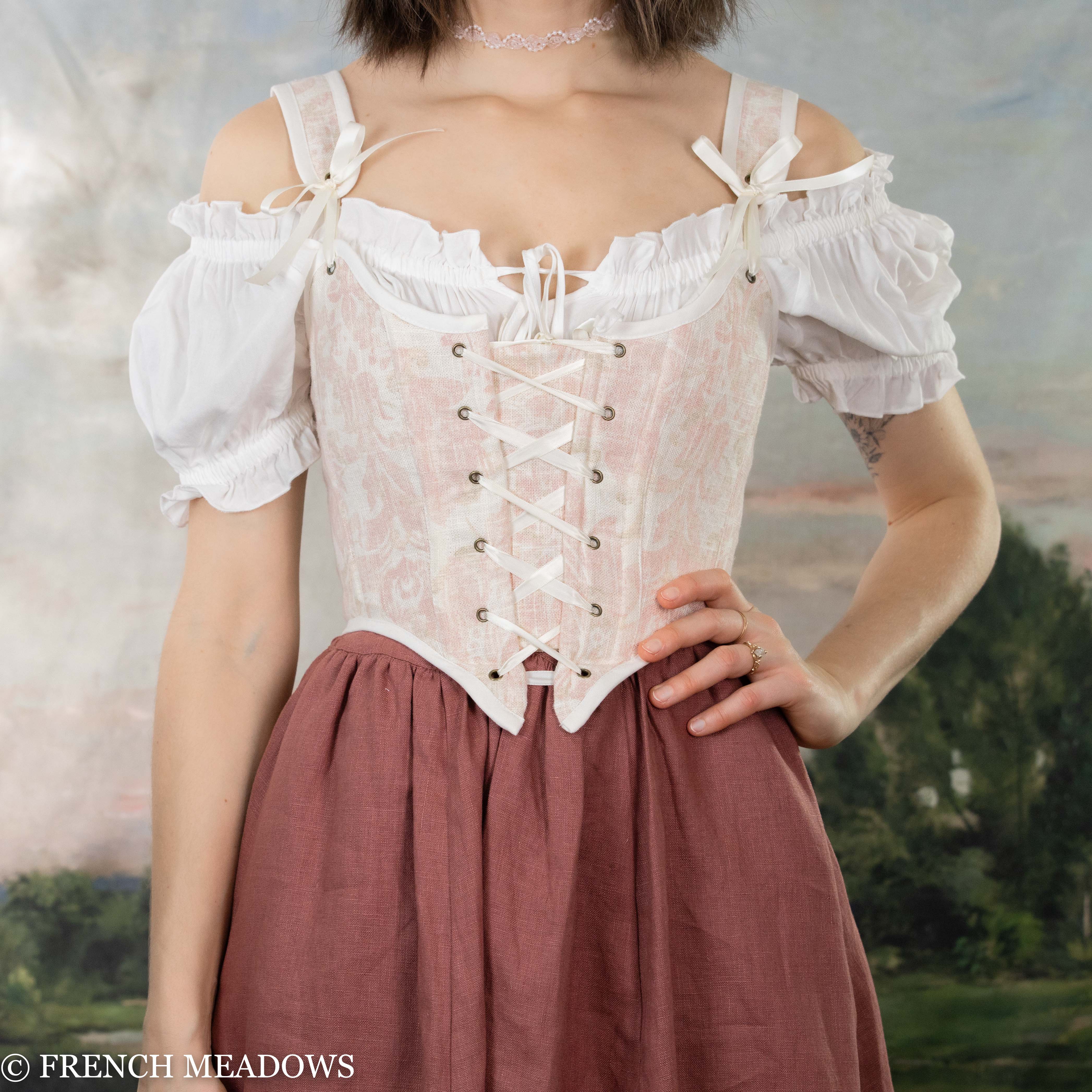 Handmade Pink and White Toile Renaissance Bodice - Image 3