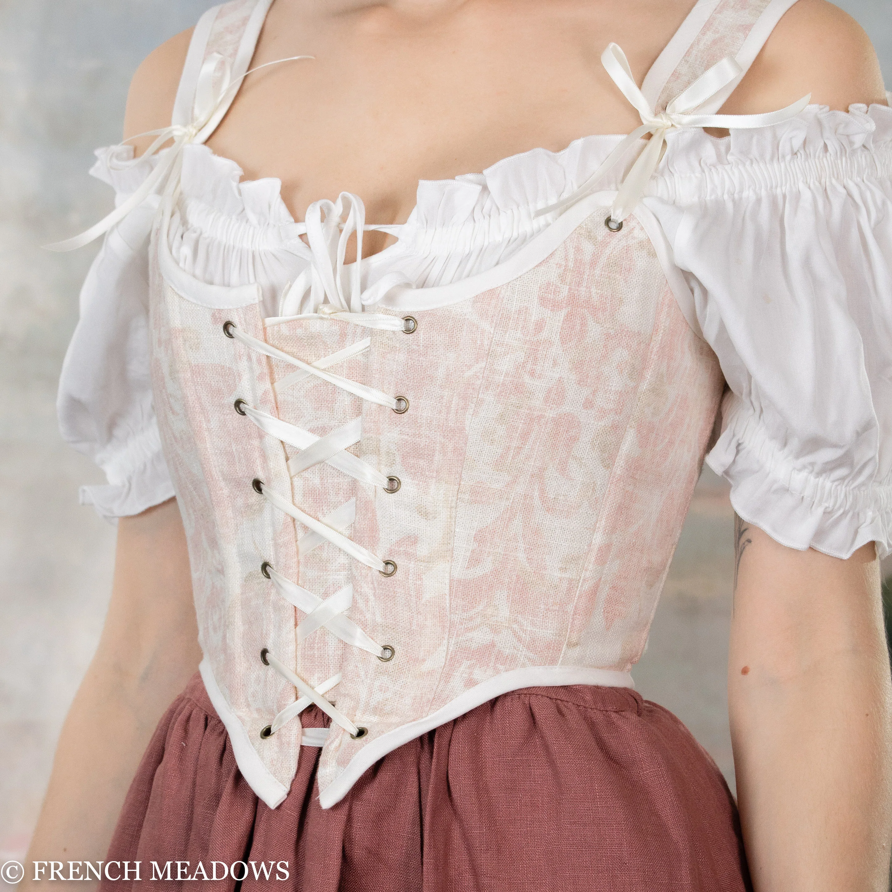 Handmade Pink and White Toile Renaissance Bodice - Image 4